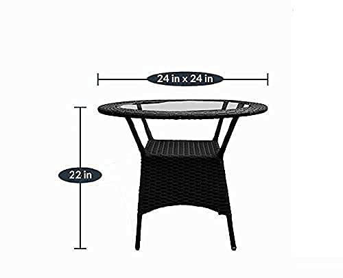 Round outdoor glass table with height and diameter dimensions

