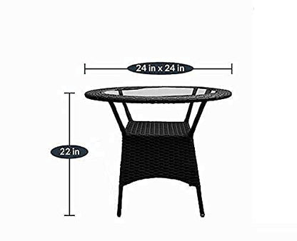 Round outdoor glass table with height and diameter dimensions

